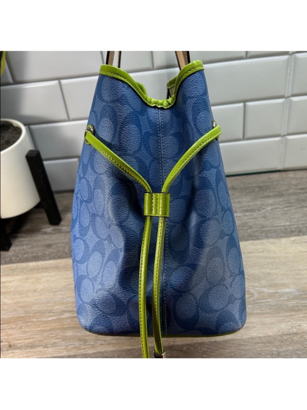 Coach Blue Signature Tote with Lime Center Stripe and Beige Trim - Picture 14 of 14